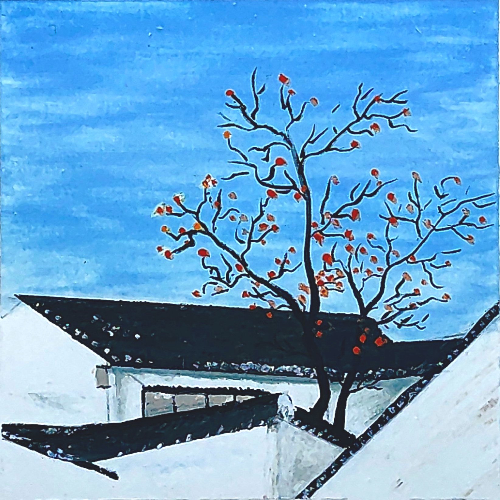Illustration of a tree with orange fruits against a blue sky, with traditional-style rooftops in the foreground.