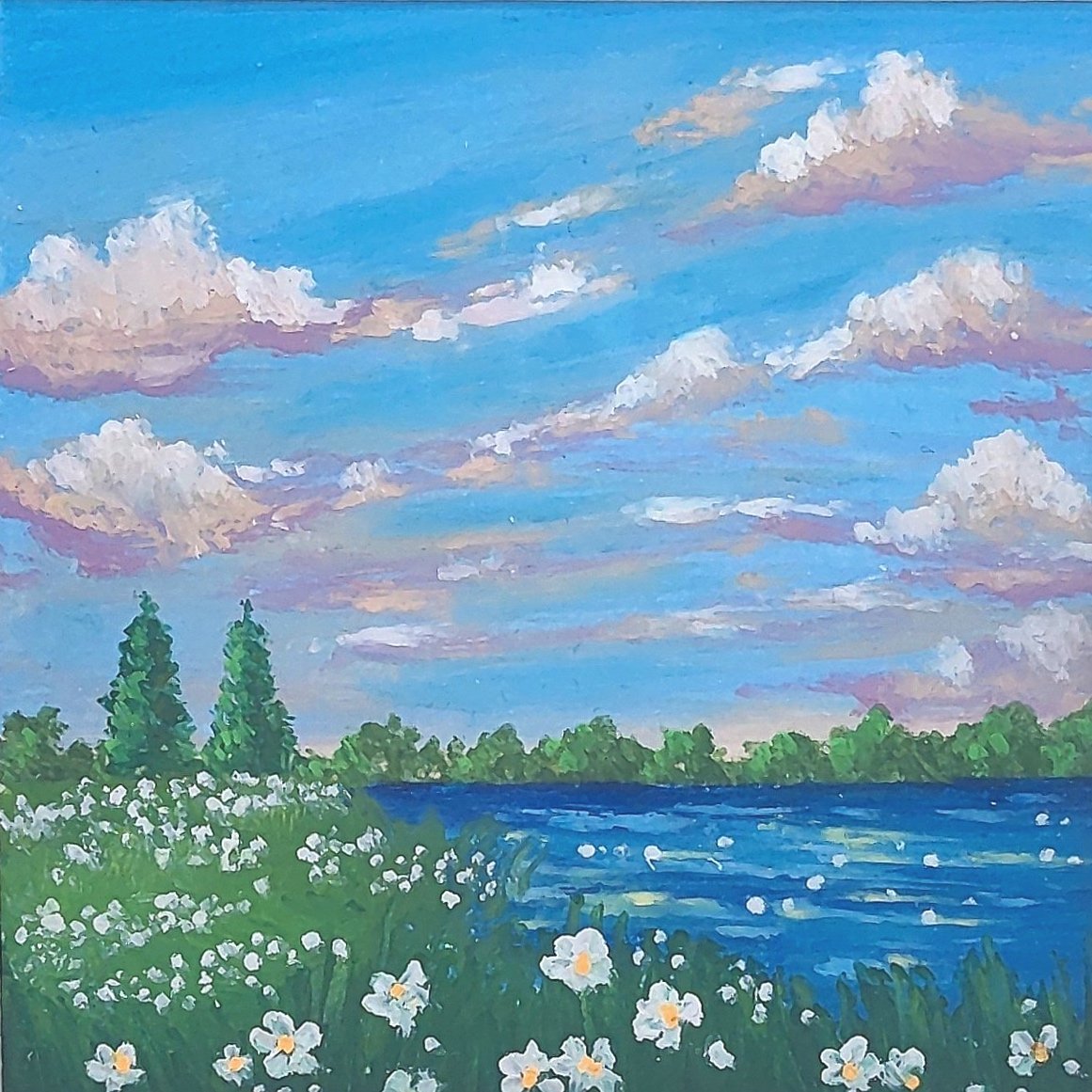 Colorful landscape painting with lake, green foliage, white flowers, and blue sky with clouds.