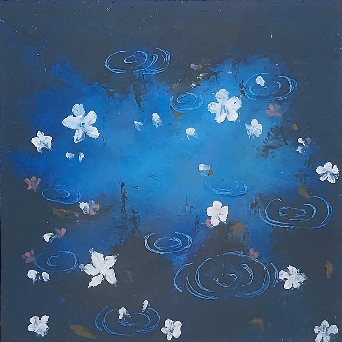 Abstract painting of white flowers floating on a blue water surface with ripples.