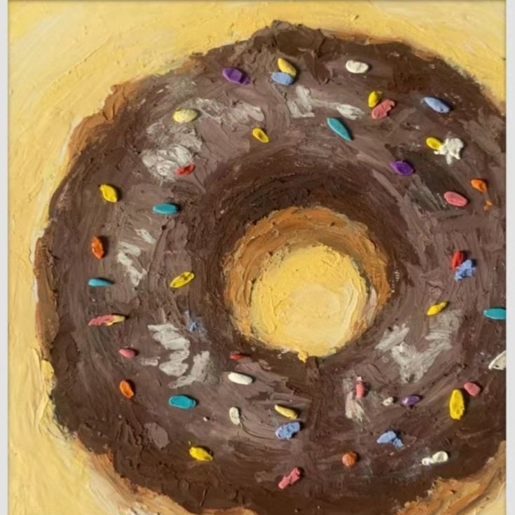 Abstract painting of a donut with chocolate glaze and colorful sprinkles on a yellow background