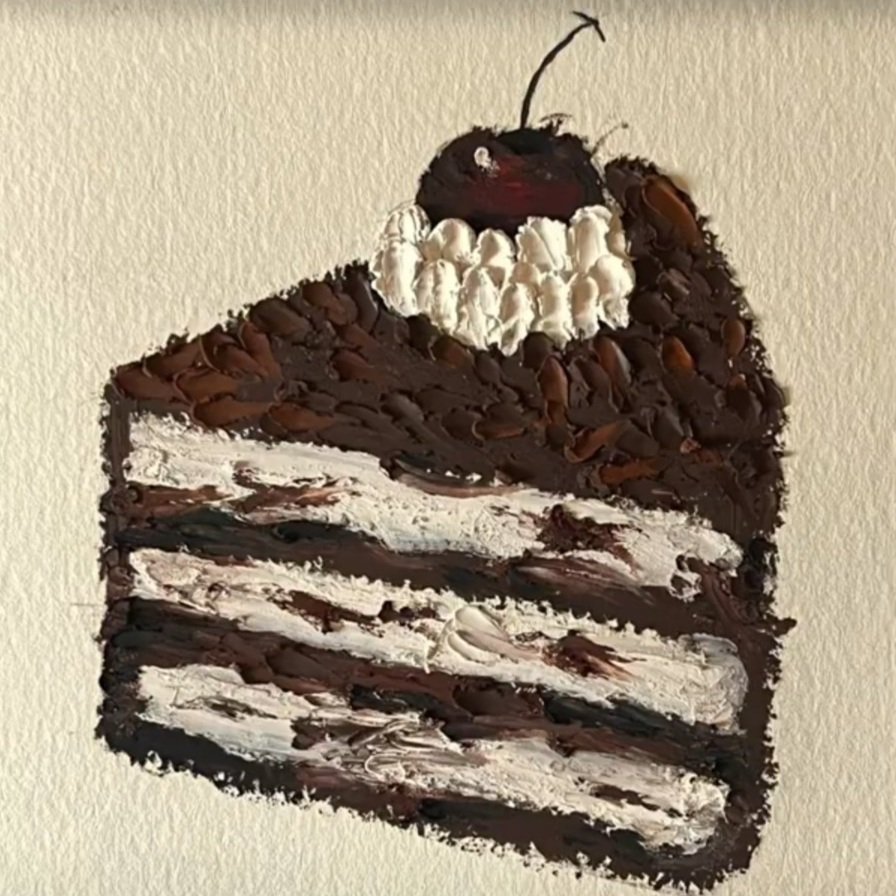 Oil painting of a chocolate cake slice with whipped cream and a cherry on top.