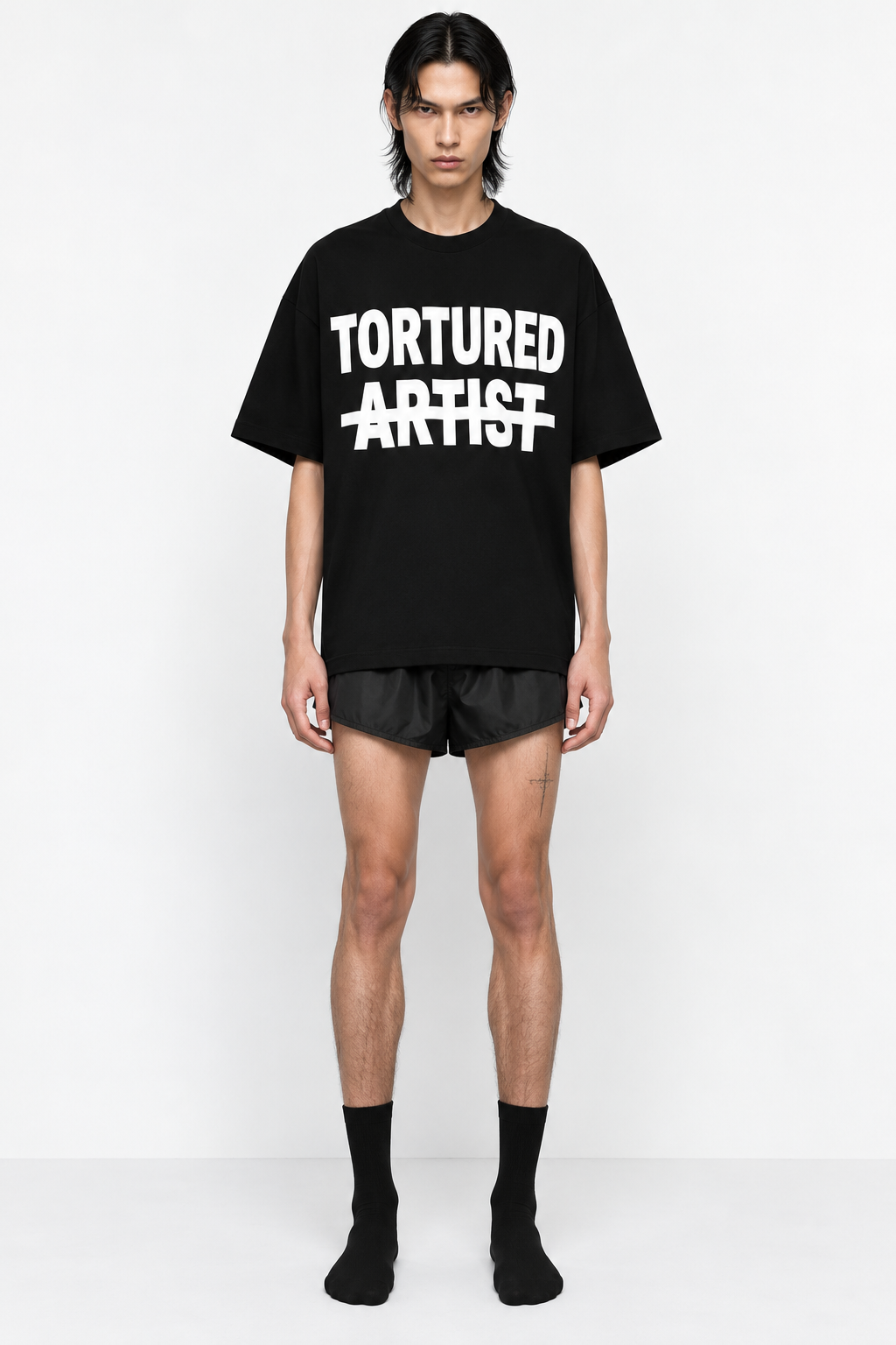 Luxury streetwear black T-shirt with bold white graphic logo print