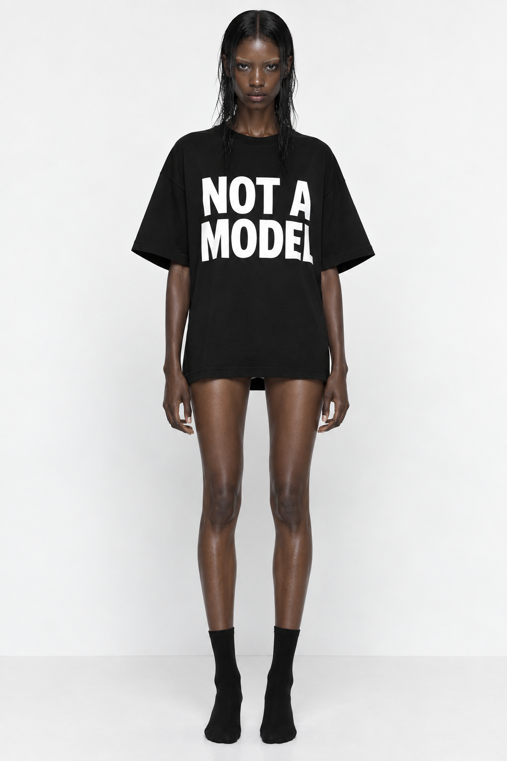 Luxury streetwear black T-shirt with bold white graphic logo print