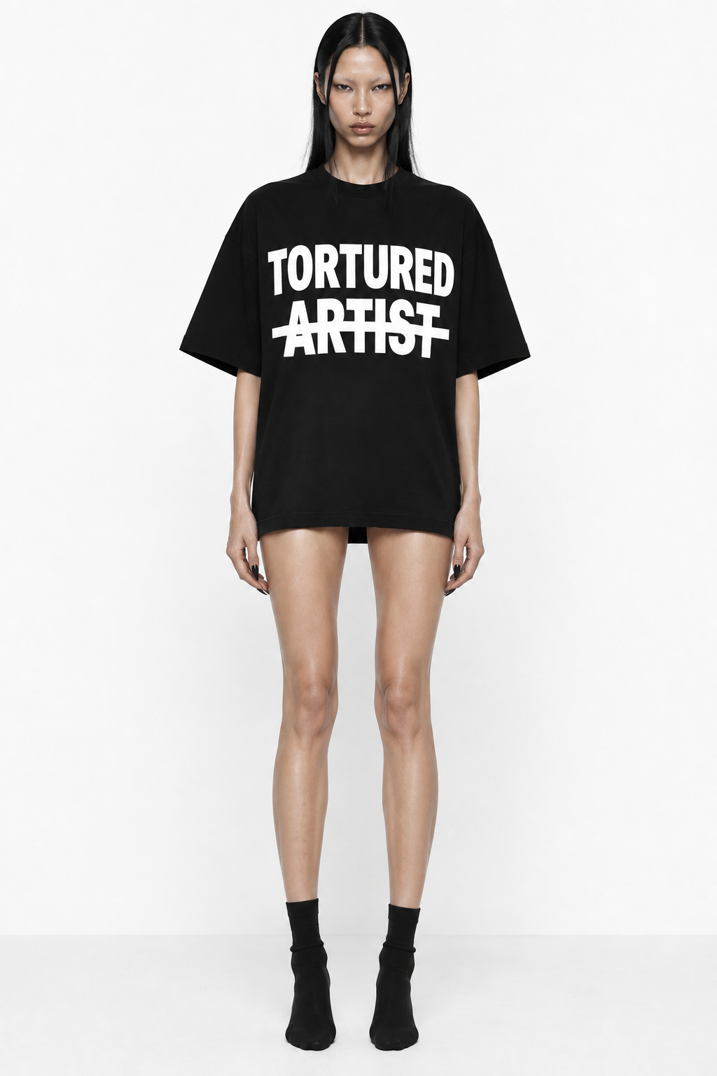 Luxury streetwear black T-shirt with bold white graphic logo print