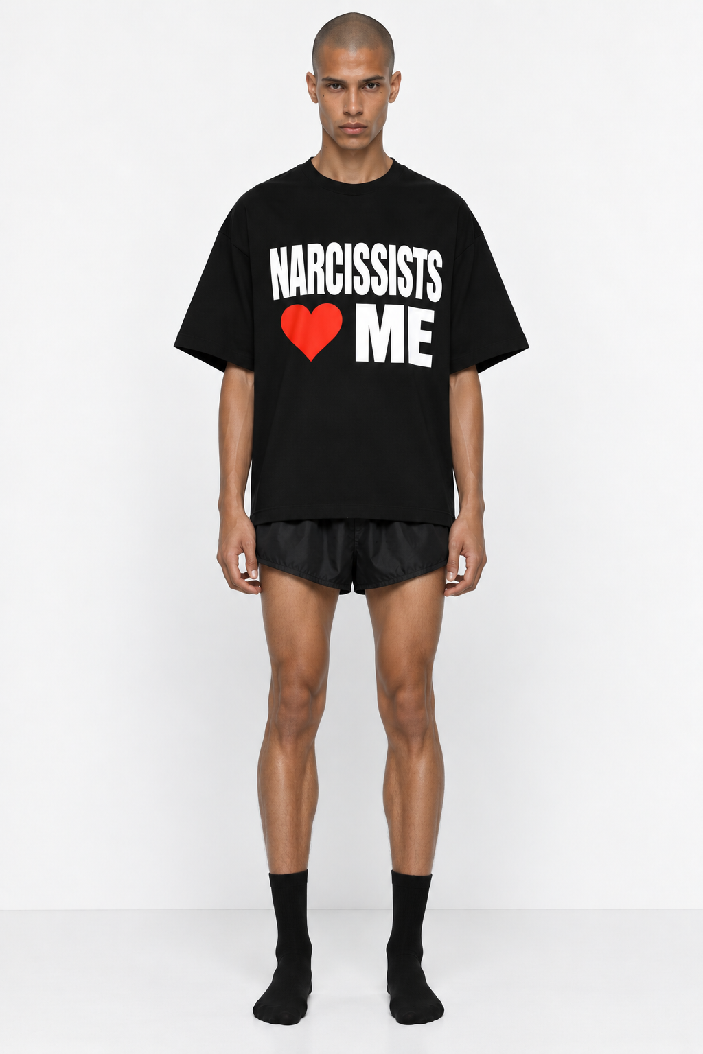 Luxury streetwear black T-shirt with bold white graphic logo print