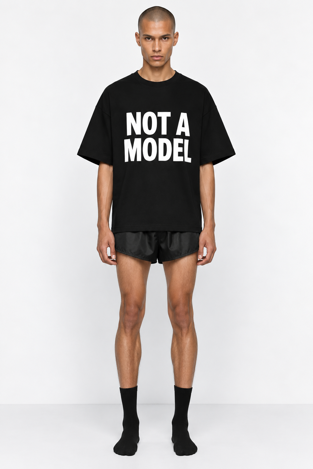 Luxury streetwear black T-shirt with bold white graphic logo print