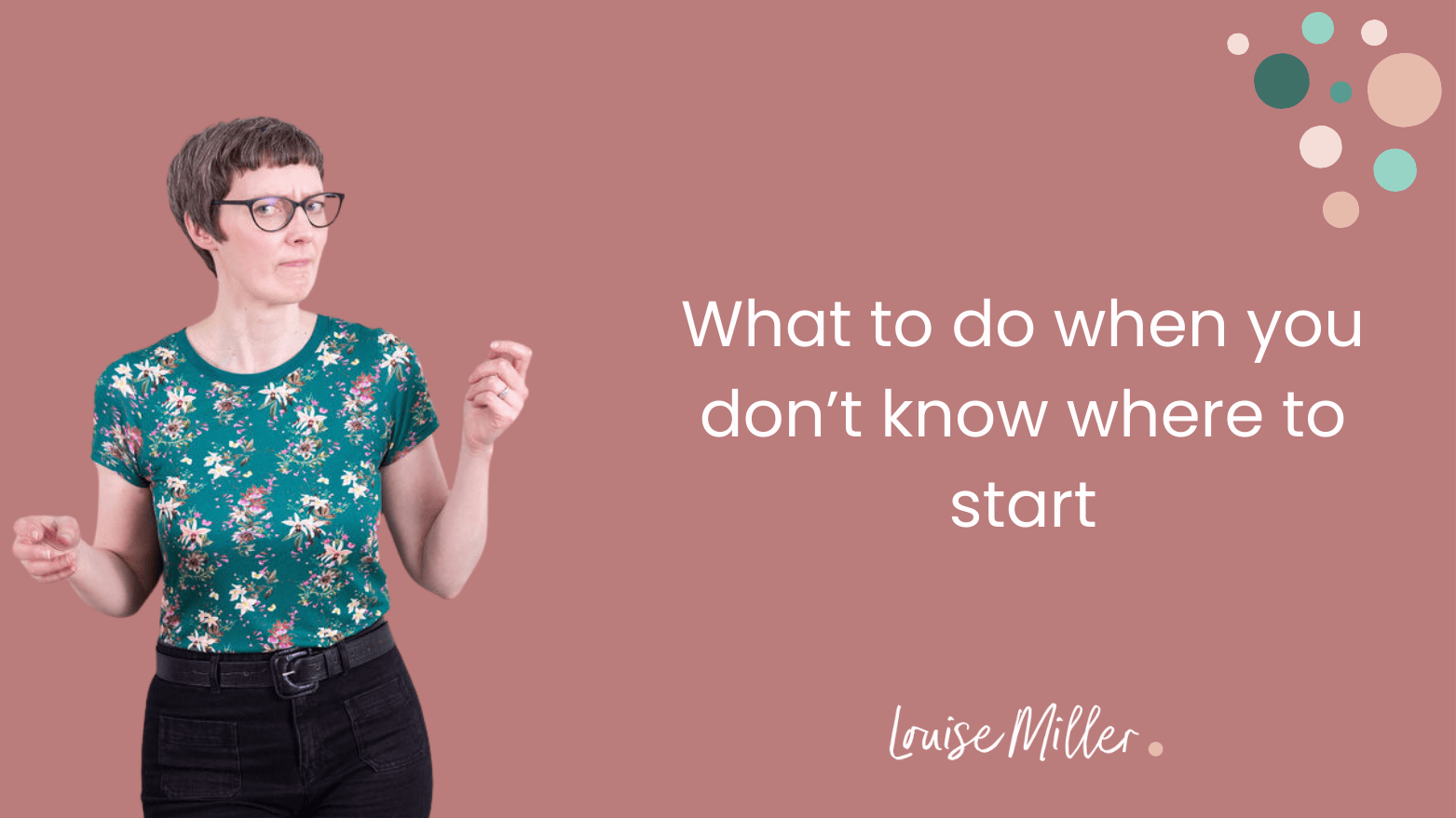 Louise, a white woman with short hair and glasses, is looking confused. The title of the blog is next to her photo, on a dusky pink background