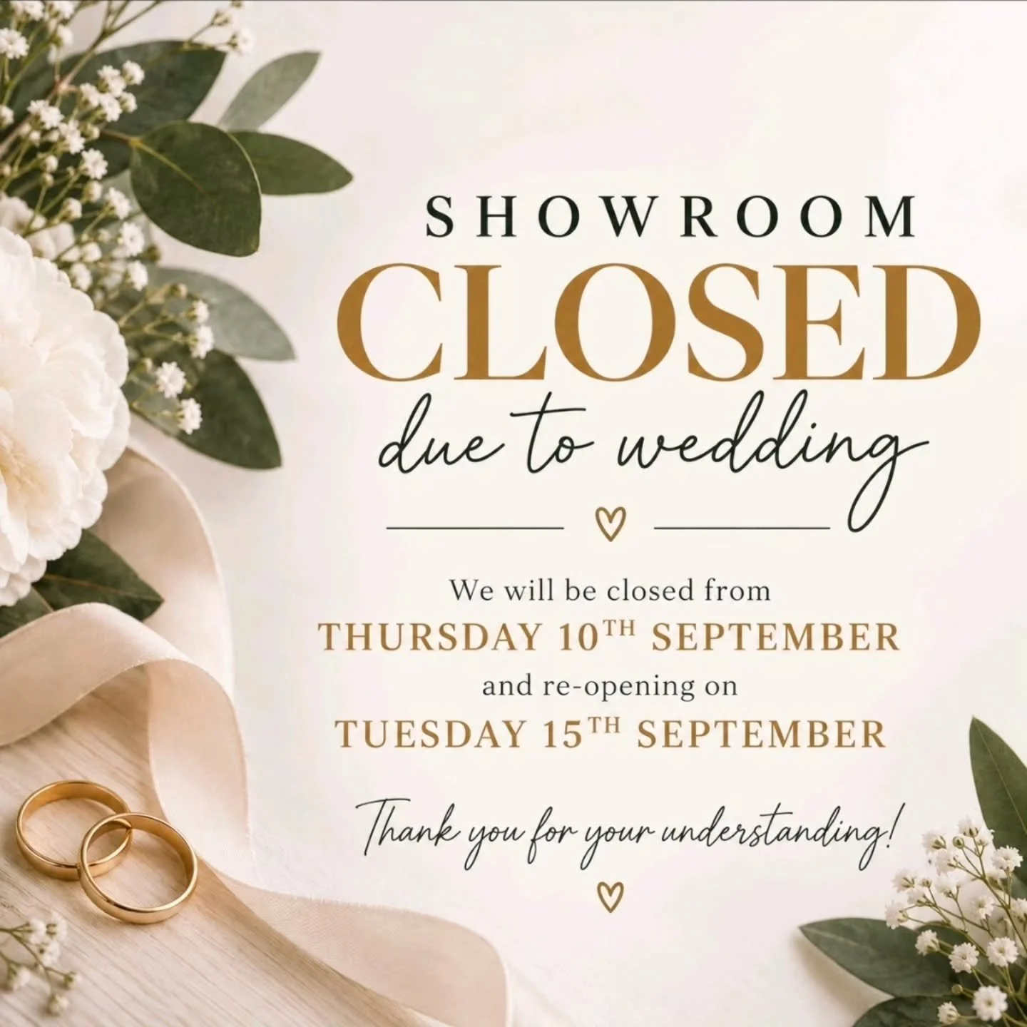 Our Showroom will be CLOSED from Thursday 10th September until Tuesday 15th September as our Director - Sam - is getting married 🤵&zwj;♂️👰&zwj;♂️
