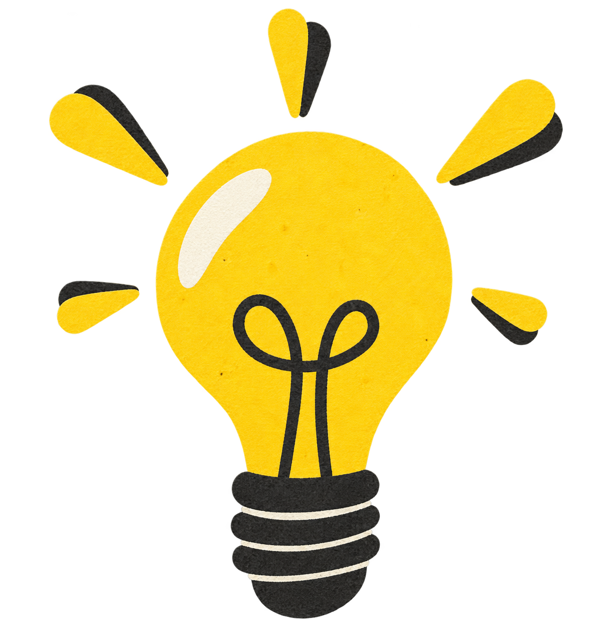 A cartoon illustration of a yellow lightbulb with an exclamation mark and a bowtie, with black and yellow wings or flames radiating from it.