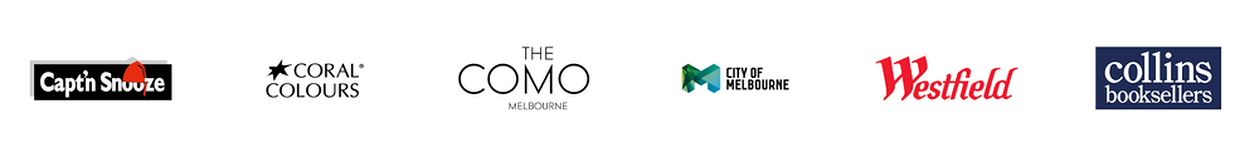 Logos of various Melbourne businesses and organizations, including Captain Snooze, Coral Colours, The Como, City of Melbourne, Westfield, and Collins Booksellers.