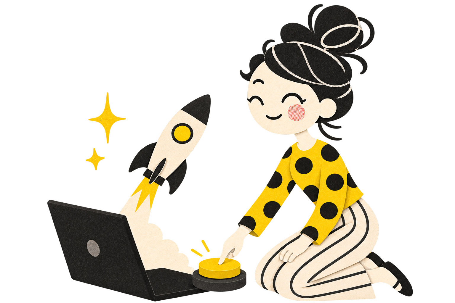 Miss Brooke illustration of Brooke at a laptop, pointing to a rocket delivering a gold coin.
