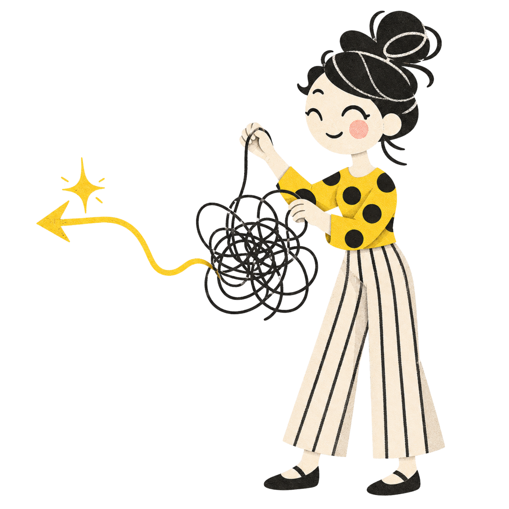 A cartoon girl with short black hair in a bun, wearing a yellow dress with black polka dots and black and white striped pants, smiling and holding black tangled string.