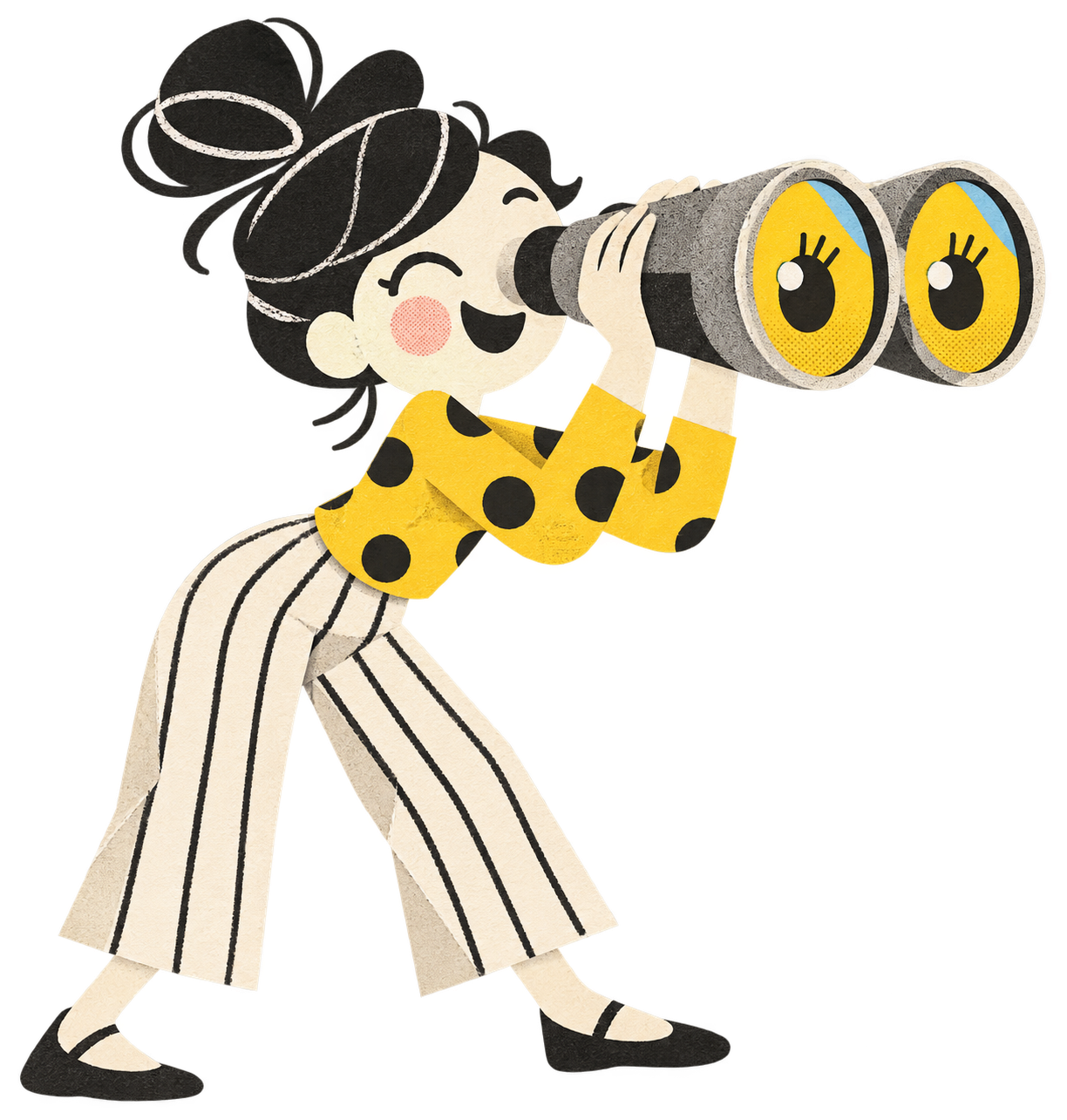 Cartoon girl with black hair in a bun, wearing a yellow shirt with black polka dots and striped pants, looking through binoculars with large yellow and black lenses.