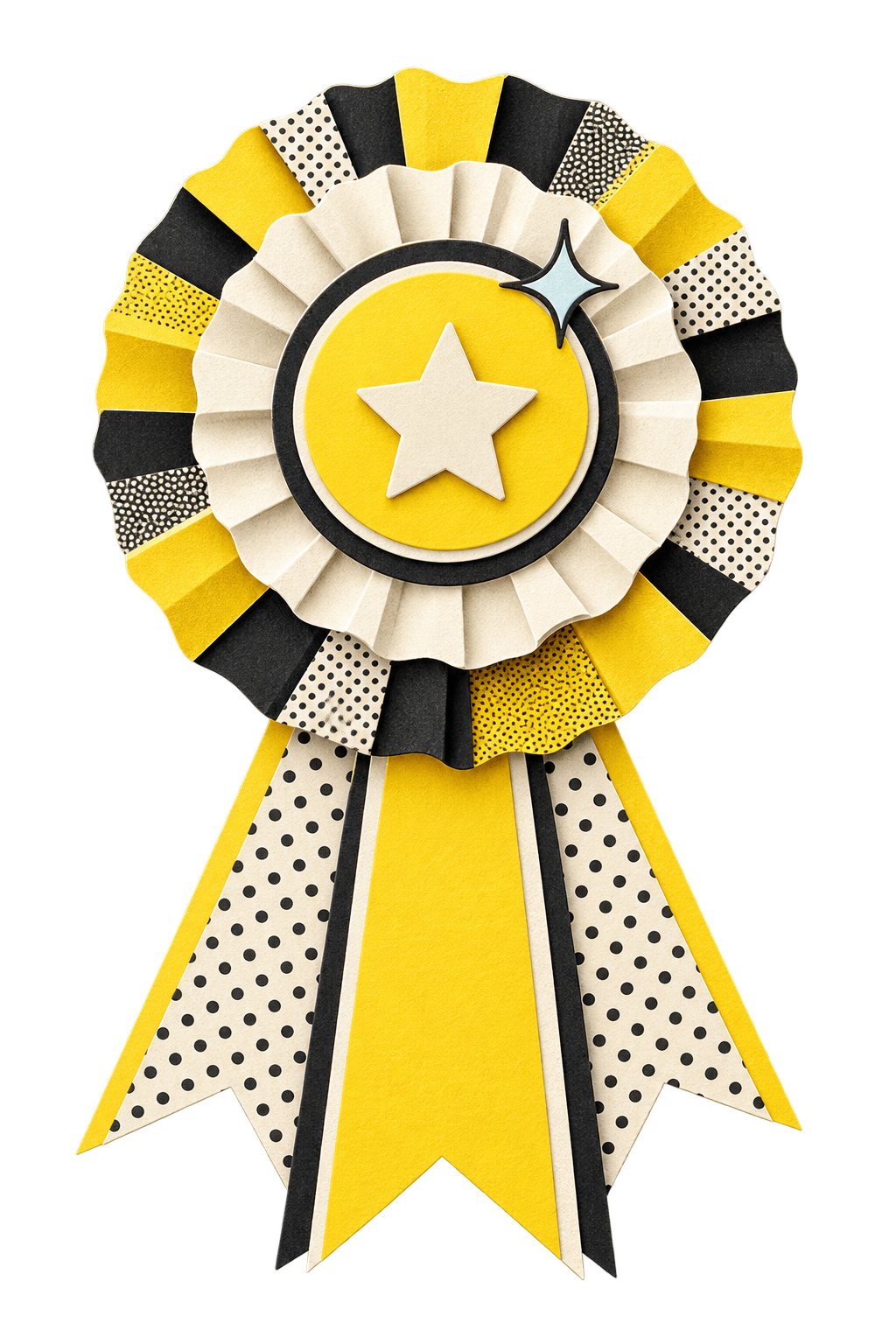Yellow and black award ribbon with a star and a sparkle, featuring polka dot pattern details.