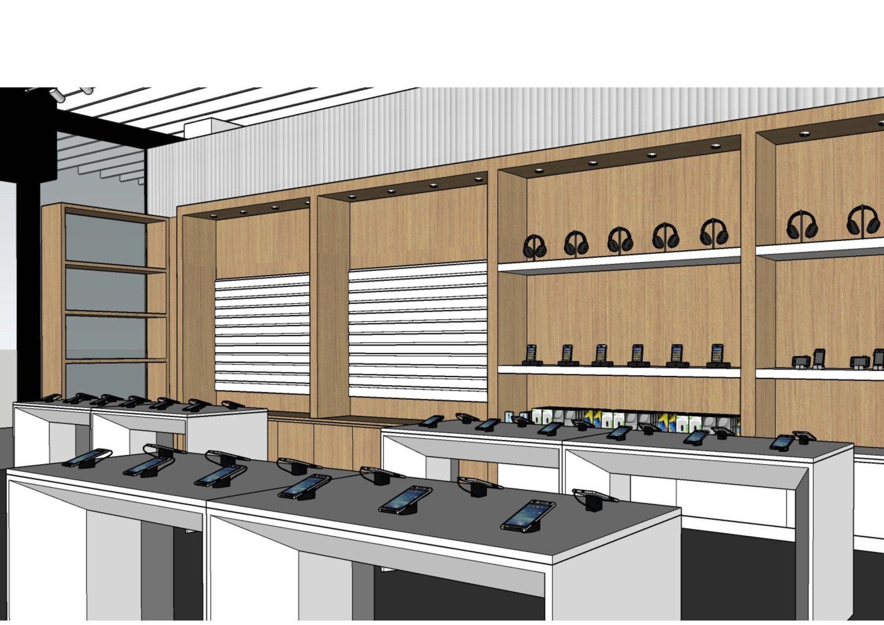 An illustration of a retail electronics store display with smartphones on tables, wooden shelves with headphones, and other electronic accessories.