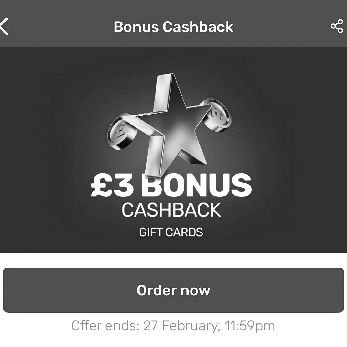 £3 Quidco Gift Cards bonus (£30 spend)