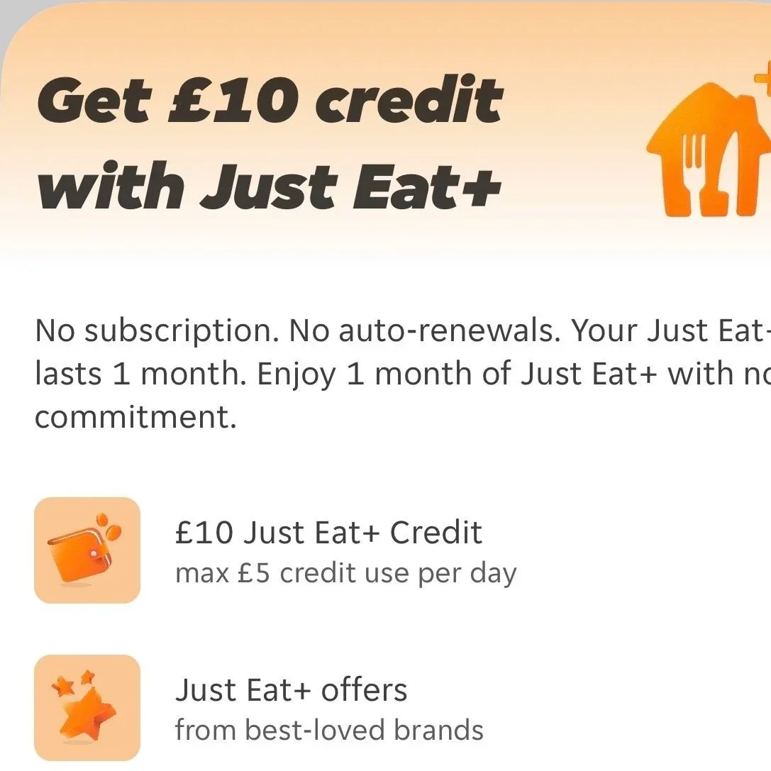 Get £10 credit with Just Eat+ (£2.99 spend)