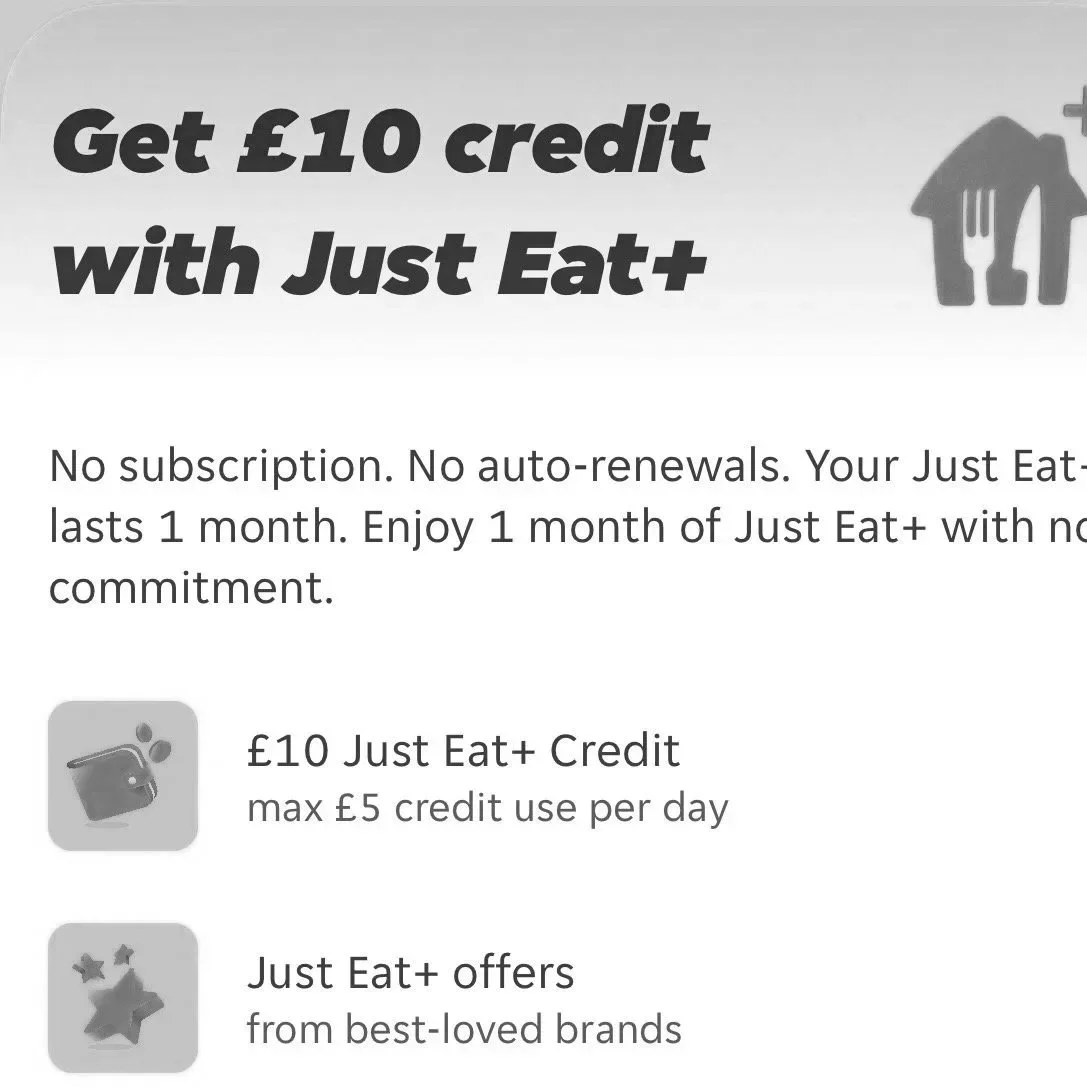 Get £10 credit with Just Eat+ (£2.99 spend)