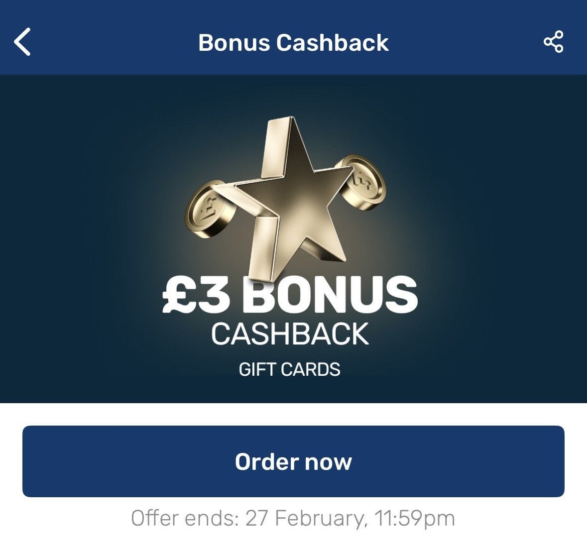 £3 Quidco Gift Cards bonus (£30 spend)