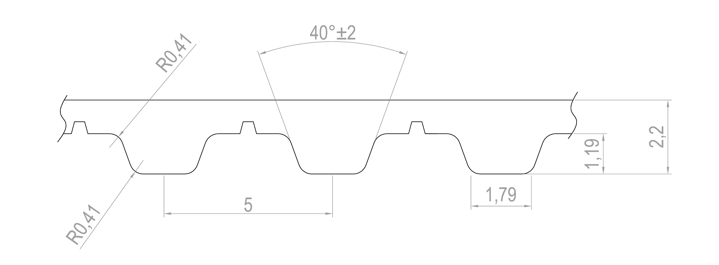 Technical drawing of a metal profile with dimensions, including measurements and angular specifications.