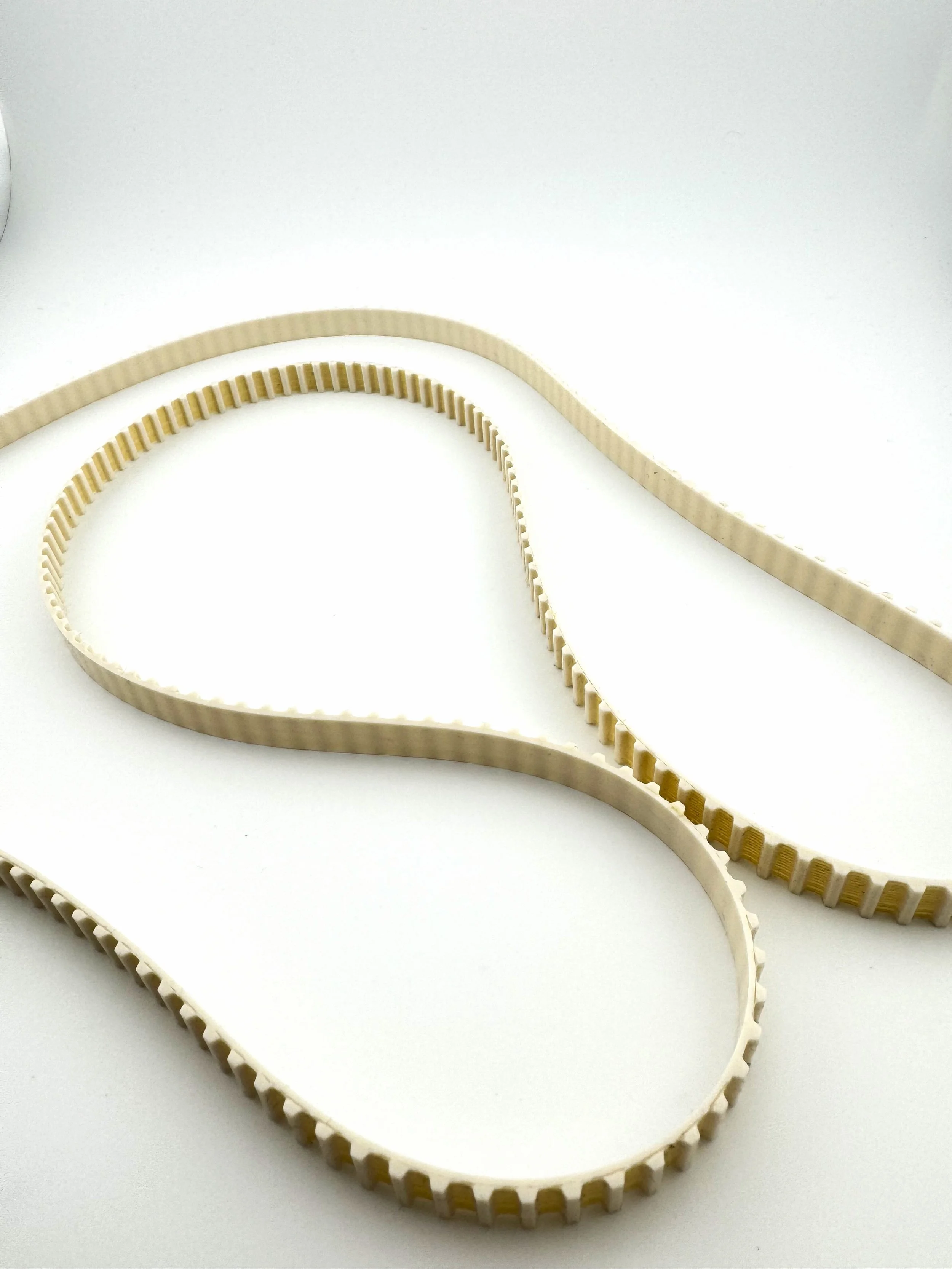 Close-up of a beige plastic belt with evenly spaced teeth on a white surface.