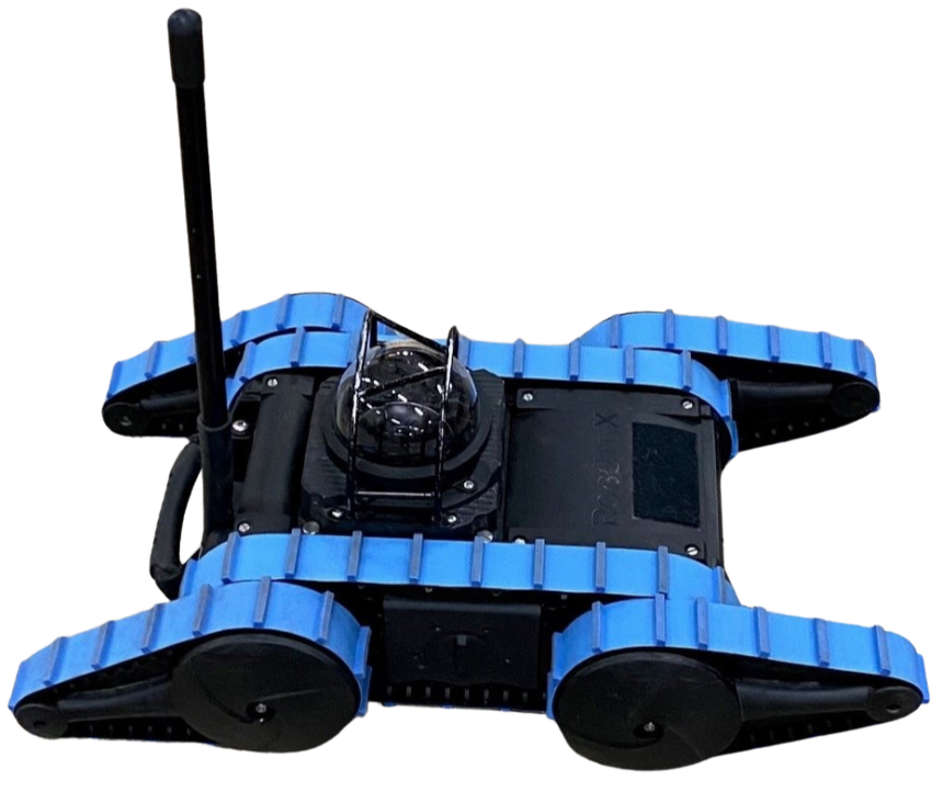 Small robotic vehicle with blue treads, a black body, and a transparent domed top and antenna.