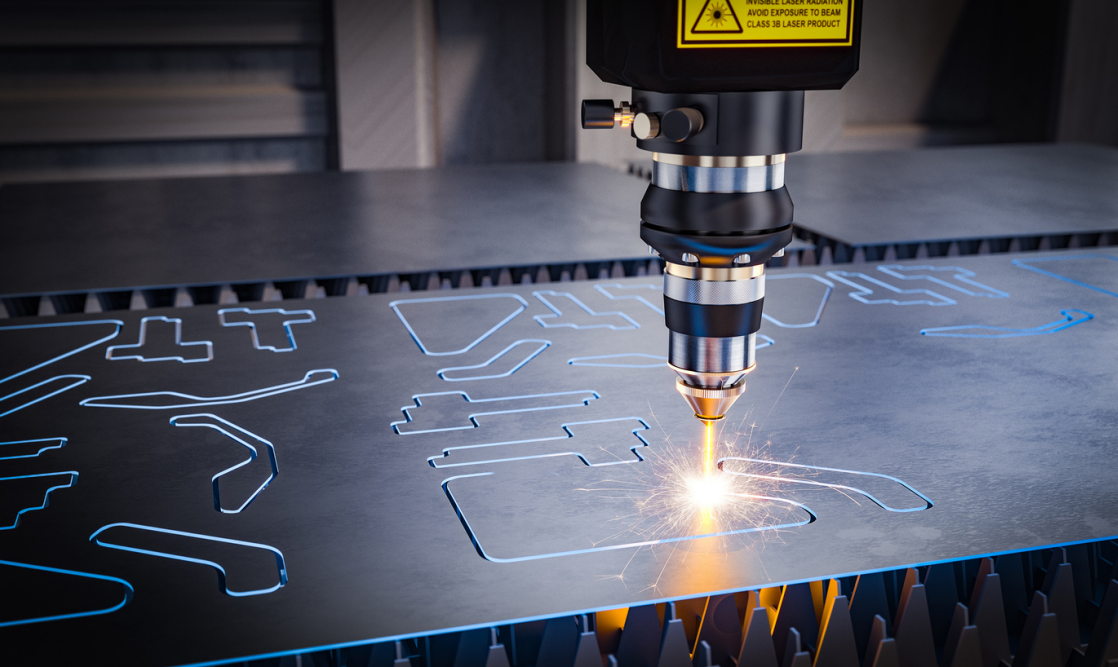 A laser cutting metal sheet with geometric shapes outlined in blue light.