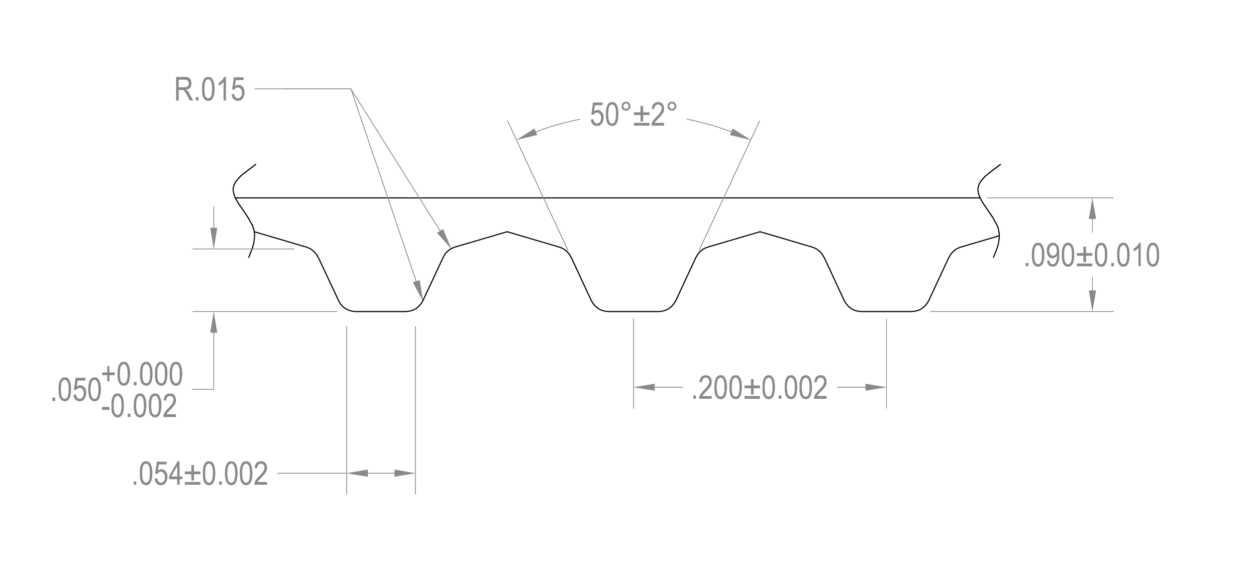 Technical drawing of a corrugated metal sheet with dimensions and radii, showing wave pattern with detailed measurements and angles.
