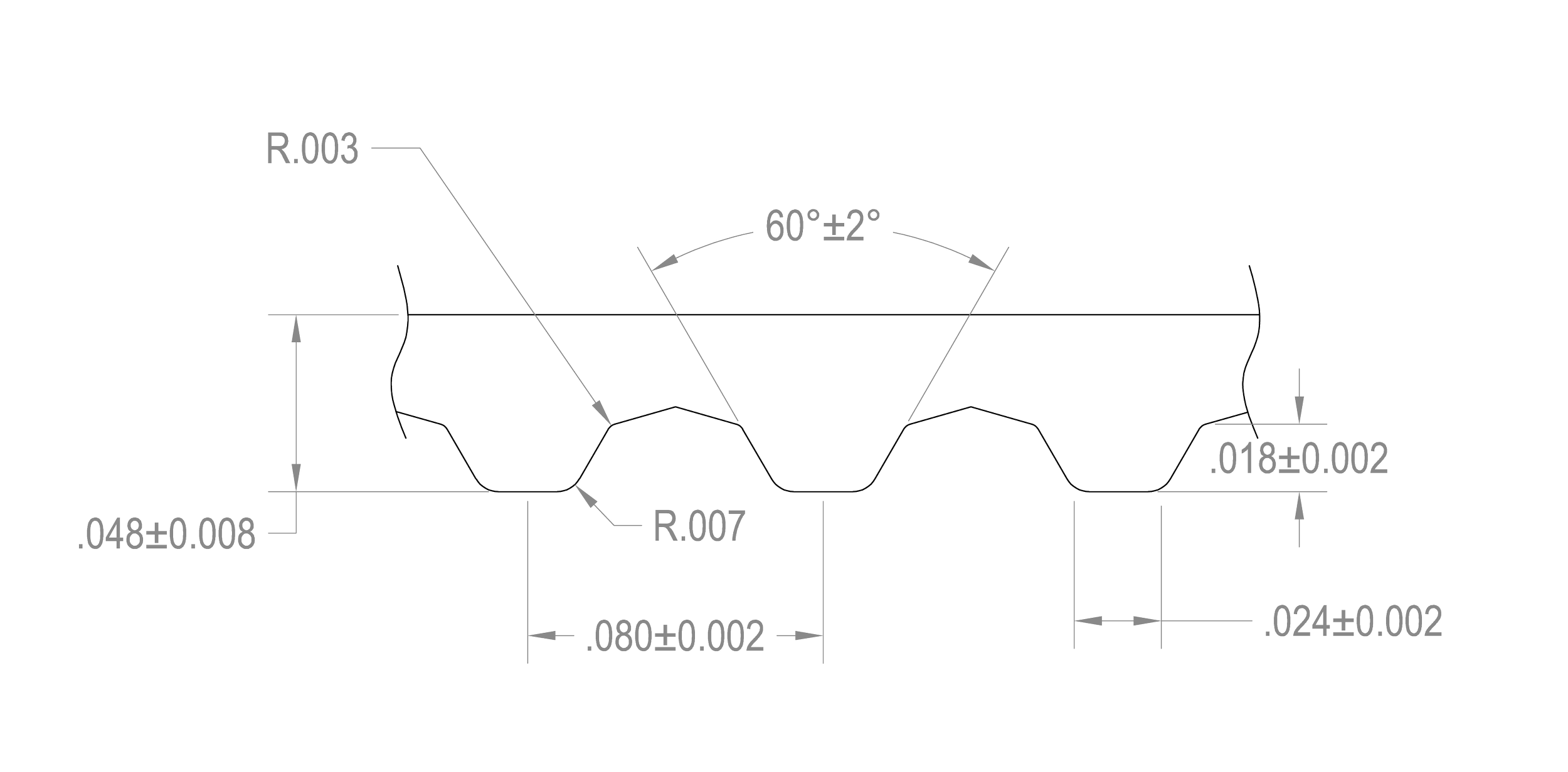 Technical drawing of a corrugated metal sheet with measurements and specifications, including dimensions, radii, angles, and tolerances.