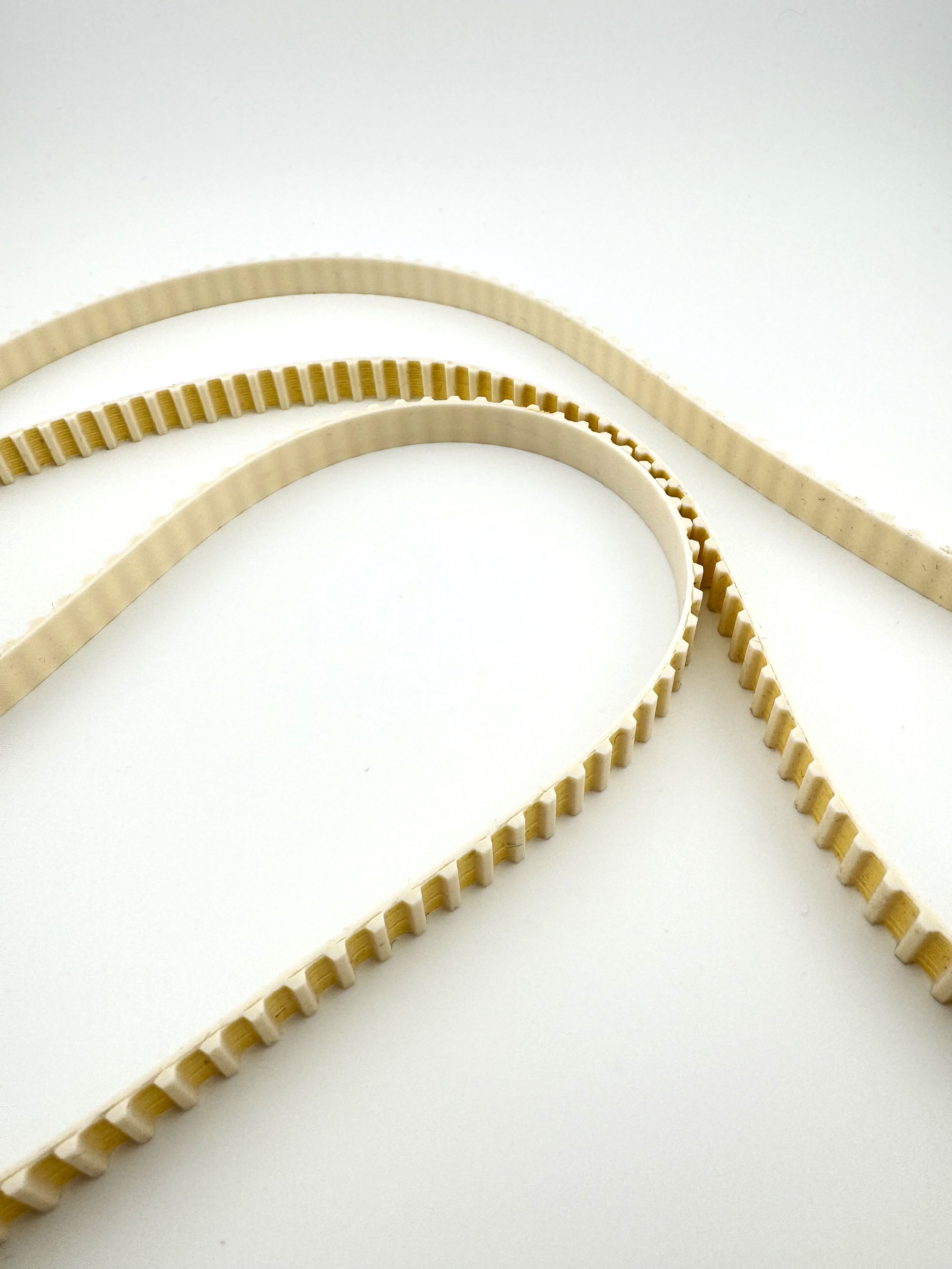 Close-up of two beige rubber timing belts with toothed sides, laid out on a white surface.