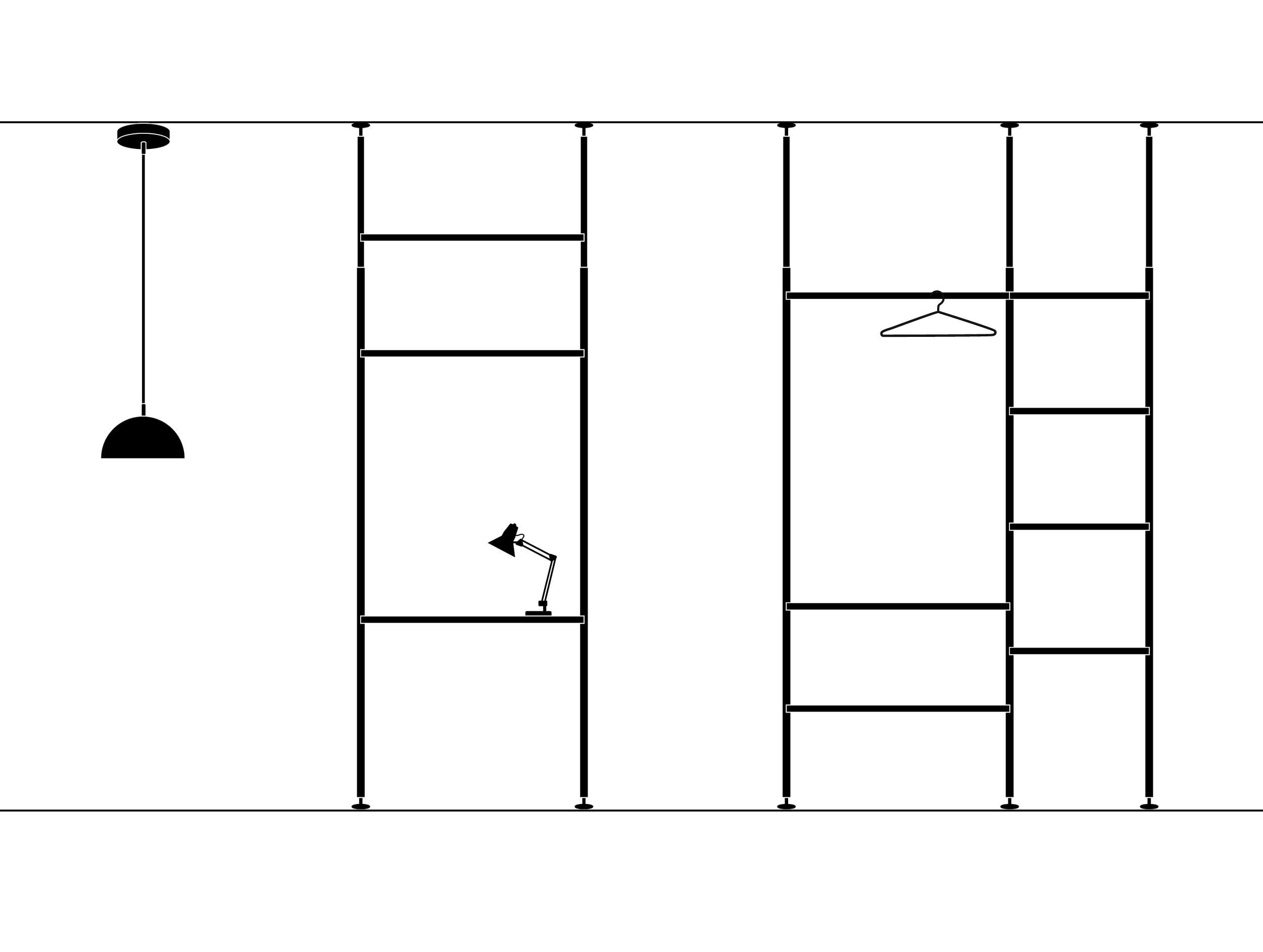 Skizze eines modernen Schranks mit mehreren Regalen, einer hängenden Kleiderstange, einer Schreibtischlampe und einer Pendelleuchte.