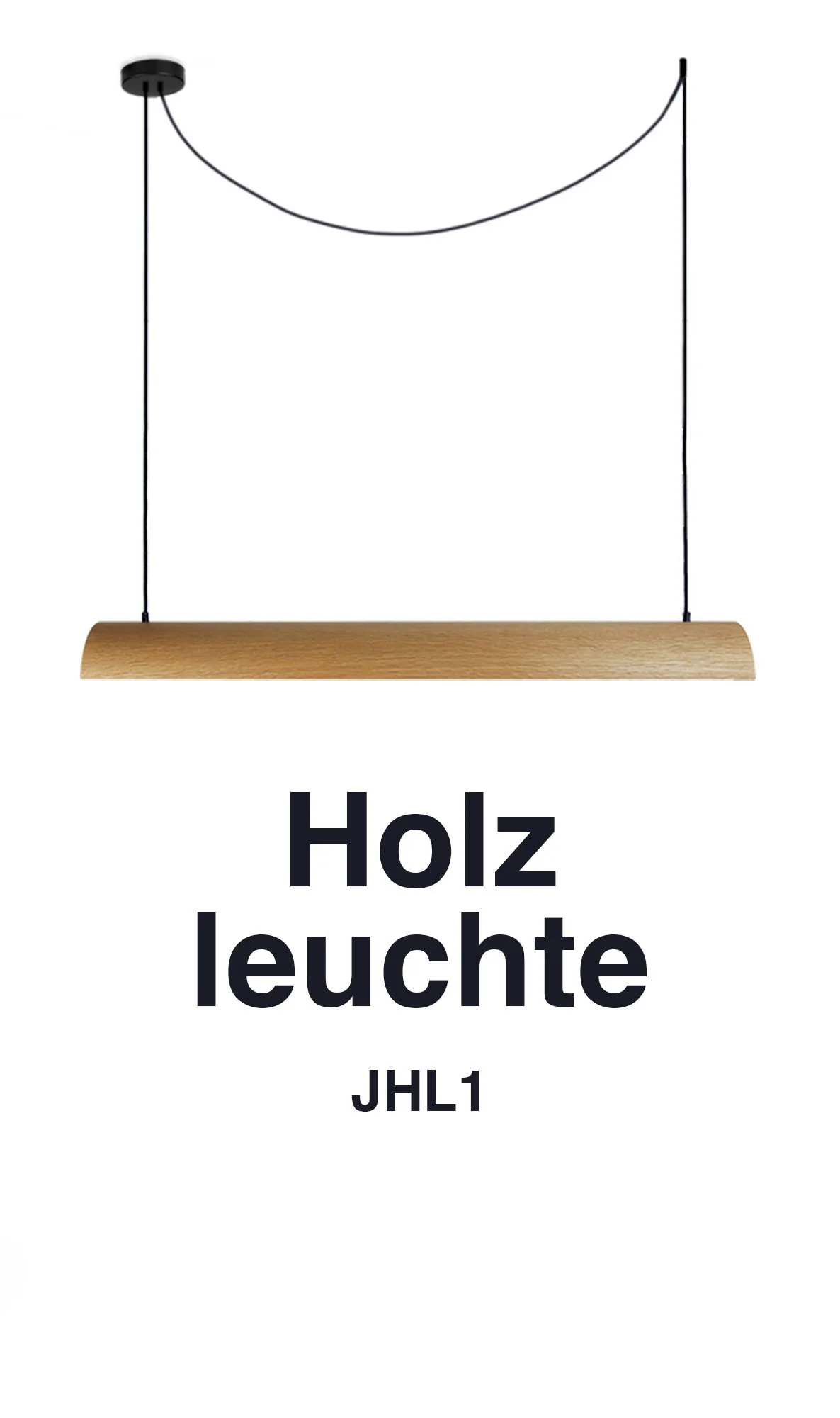 Holzleuchte JHL1 mit Holzschirm aus Eichenfurnier gebogen und schwarzem Textilkabel, das an der Decke befestigt ist.
