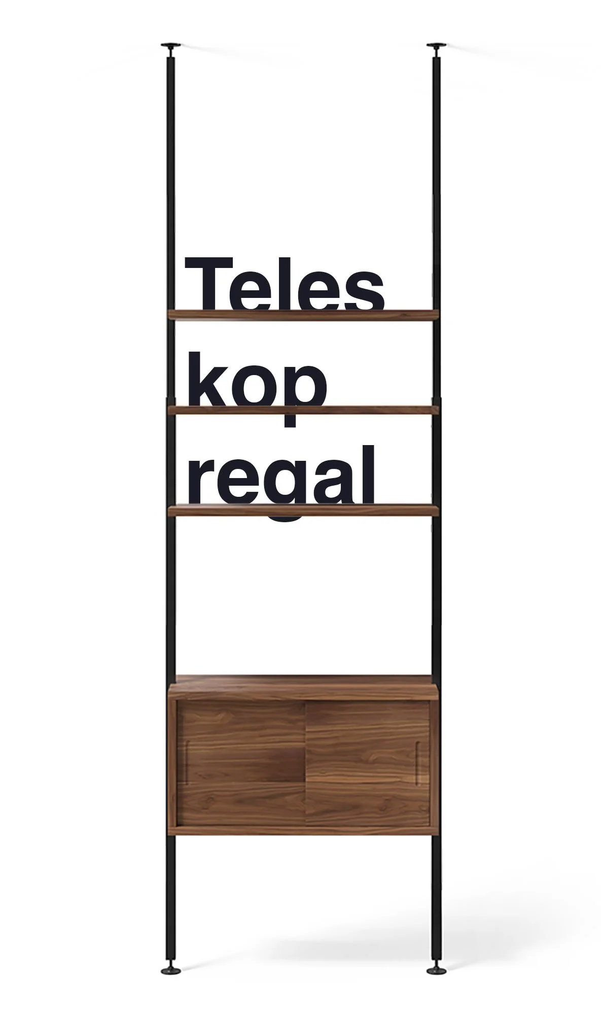 Johann's Teleskopregal, auf denen die Worte 'Teleskop' in drei getrennten Teilen stehen, teilweise auf den Regalböden.