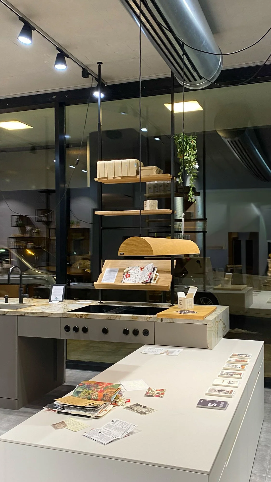 Innenansicht eines modernen Geschäfts mit Regal, das Produkte und Dekorationen zeigt, darunter Bücher, Pflanzen und Verpackungen, sowie eine zentrale weiße Theke mit verstreuten Broschüren und Papieren.