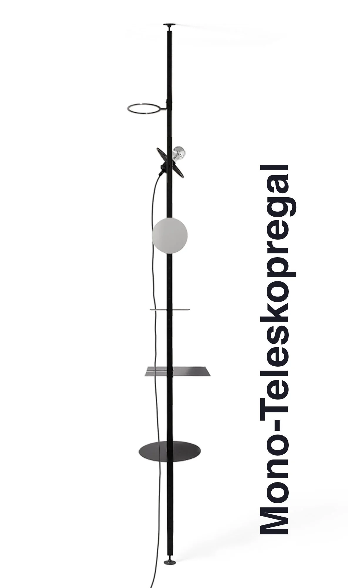 Das Einstangensystem das zwischen Decke und Boden eingeklemmt wird mit verschiedenem Zubehör, mit dem Text 'Mono-Teleskopregal' an der Seite.