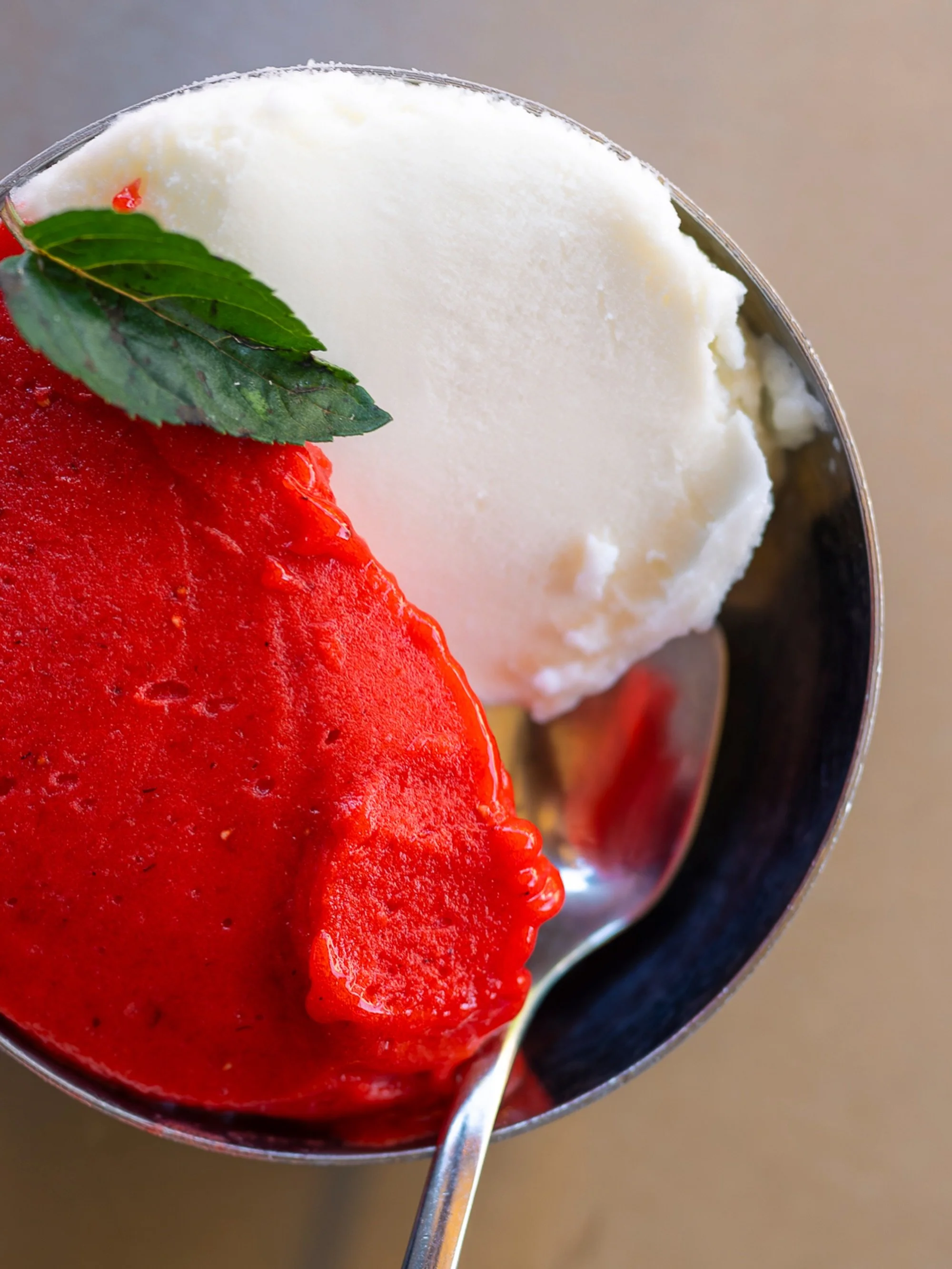 Summer in a scoop.

Fior di Latte gelato from our Micro Dairy.
Strawberry sorbet made with local strawberries.