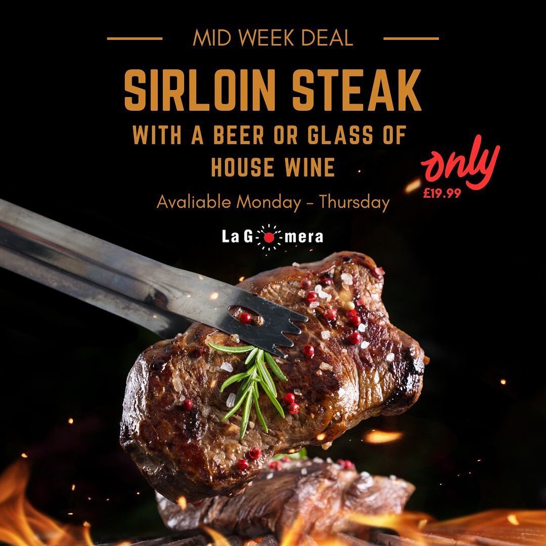 Happy Thursday ! Today is the last day of our first weeks SPECIAL MID-WEEK OFFER- a Sirloin Steak + one beer or glass of house wine for &pound;19.99 🥩🍷🍺

Make the most of these dark evenings and treat yourself with a delicious steak pairing.

Only