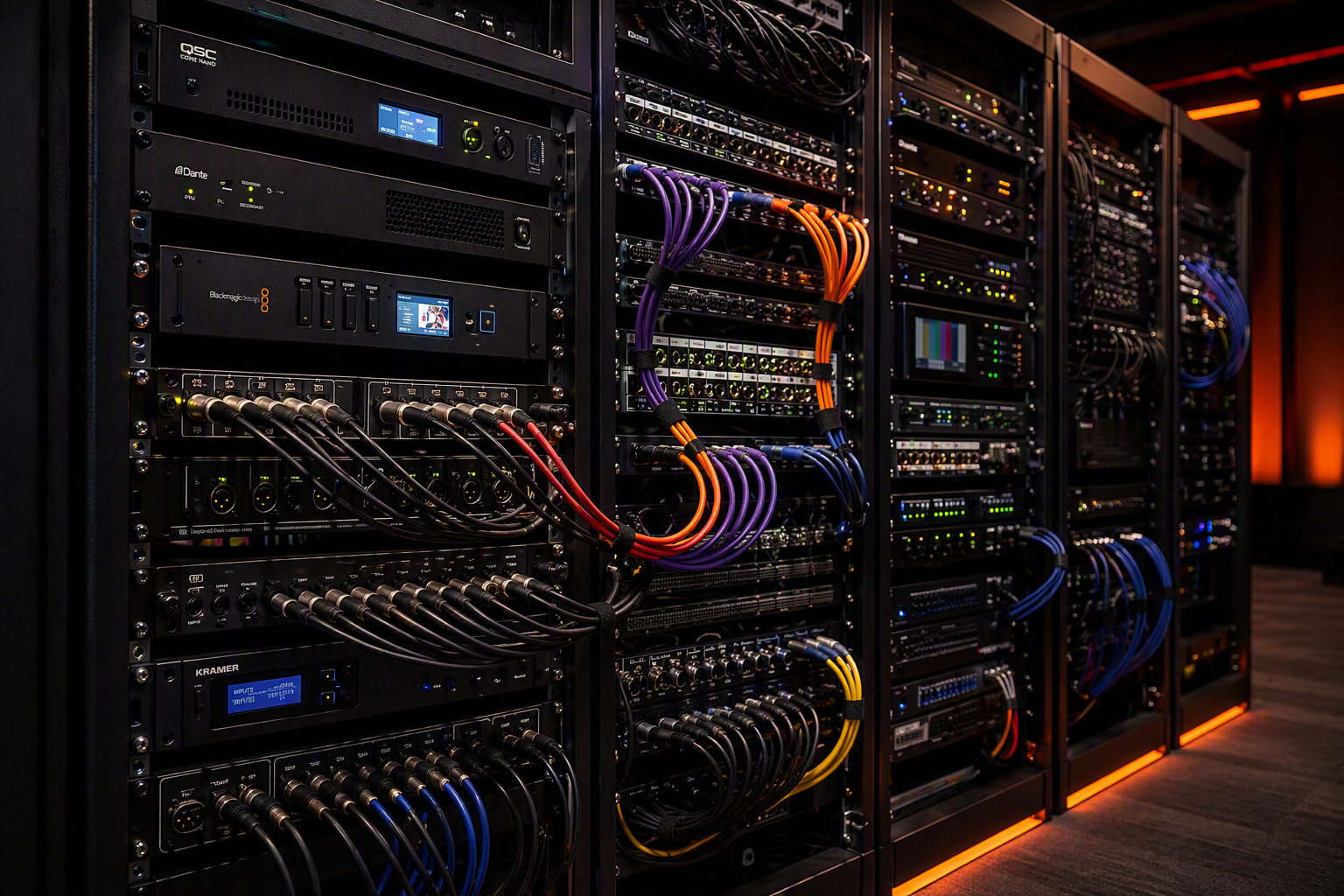 Close-up of a server room with black racks filled with computer servers, networking equipment, and multicolored cables connected to various ports.