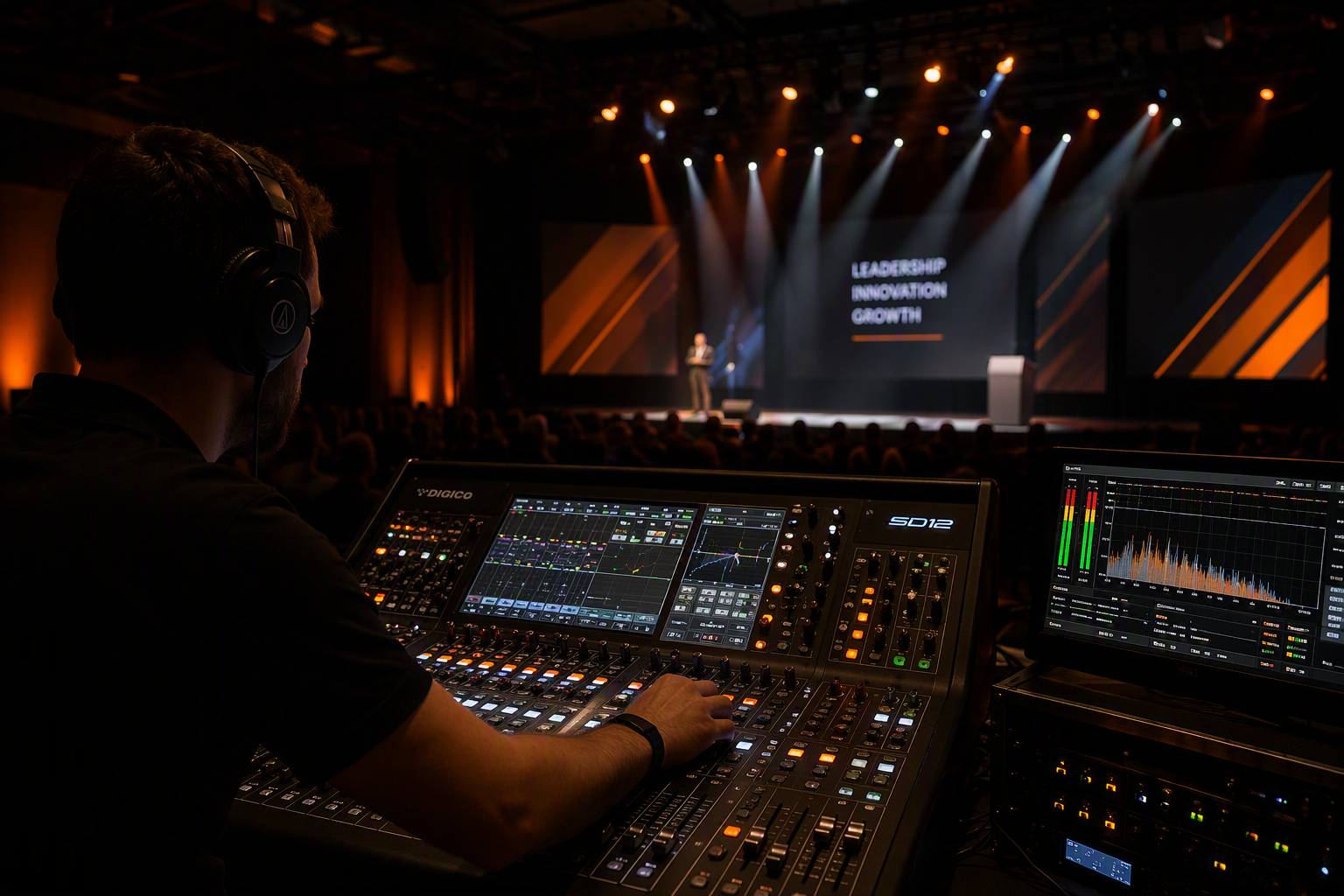 A sound engineer operating a mixing console at a conference with a speaker on stage behind him.