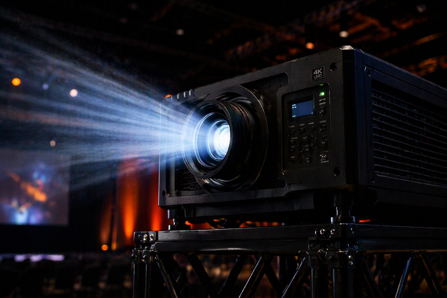 A high-resolution projector emitting a bright beam of light in a dark room.