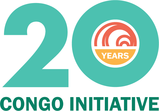 Logo celebrating 20 years of the Congo Initiative, featuring large teal numbers '20', with a circular emblem in the zero containing stylized red and black shapes and a yellow banner with 'YEARS' written on it, and the words 'CONGO INITIATIVE' in teal