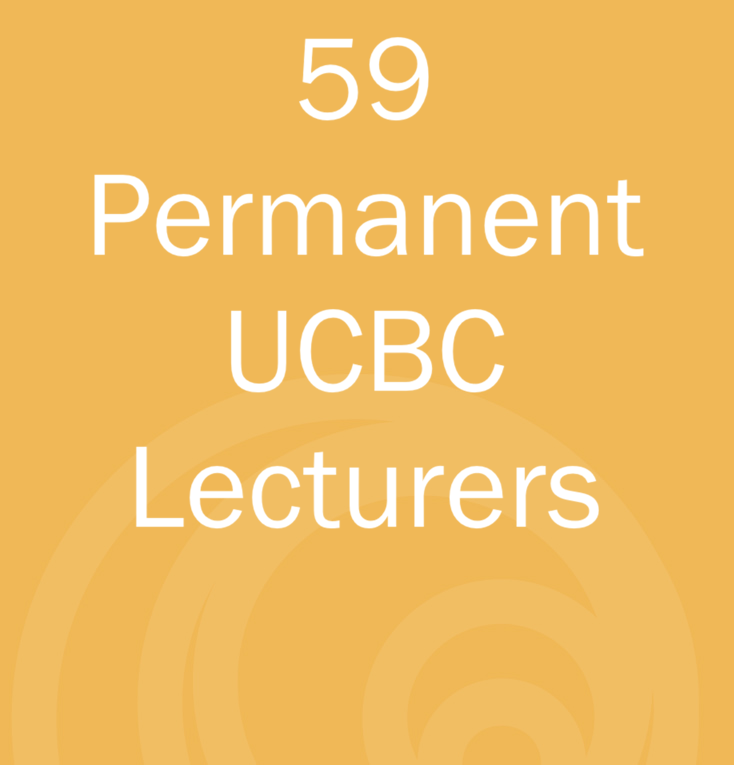 Statistics graphic text reading '59 Permanent UCBC Lecturers'. on a yellow background with a circular pattern