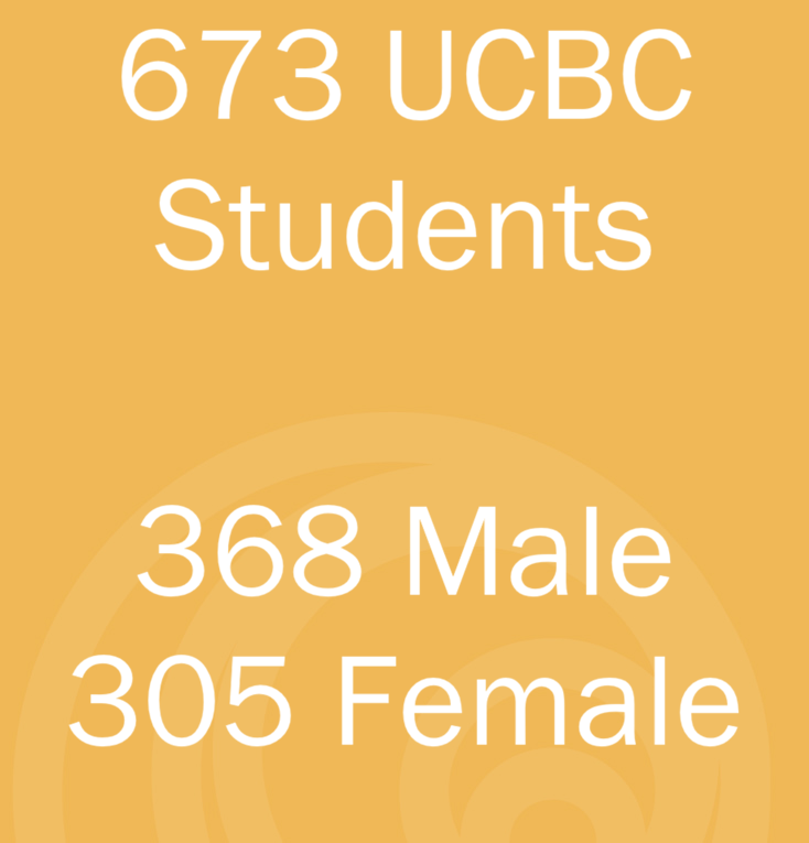 Statistics showing 673 UCBC students, with 368 male and 305 female students, on an yellow background with a circular pattern