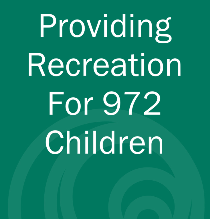 Statistics text graphics that reads "Providing Recreation For 972 Children." on a green background with a circular pattern
