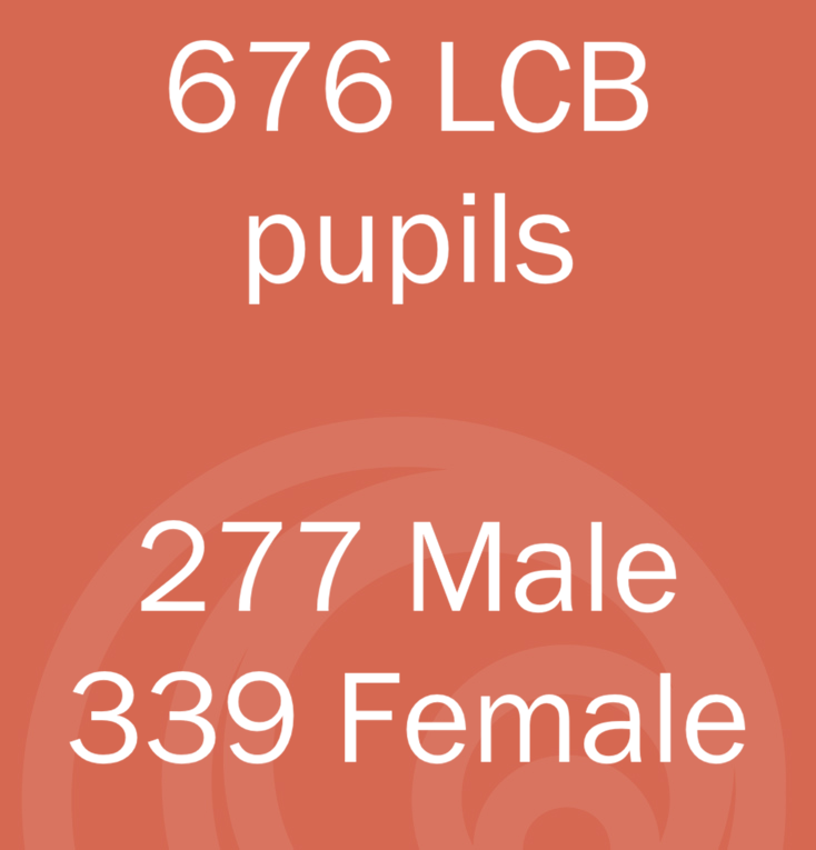 Statistics text showing 676 LCB pupils, 277 male, 339 female on a coral background with a circular pattern