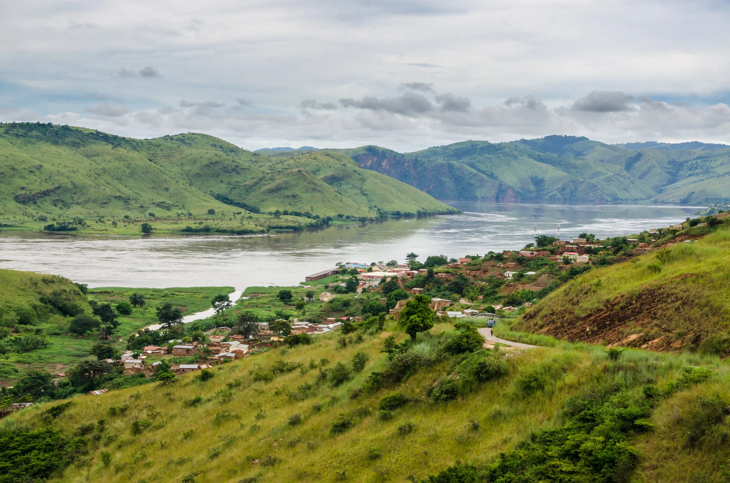 Scenic view of a river and hills in the Congo