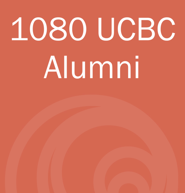 Statistics text reading '1080 UCBC Alumni' on an coral background with circular pattern