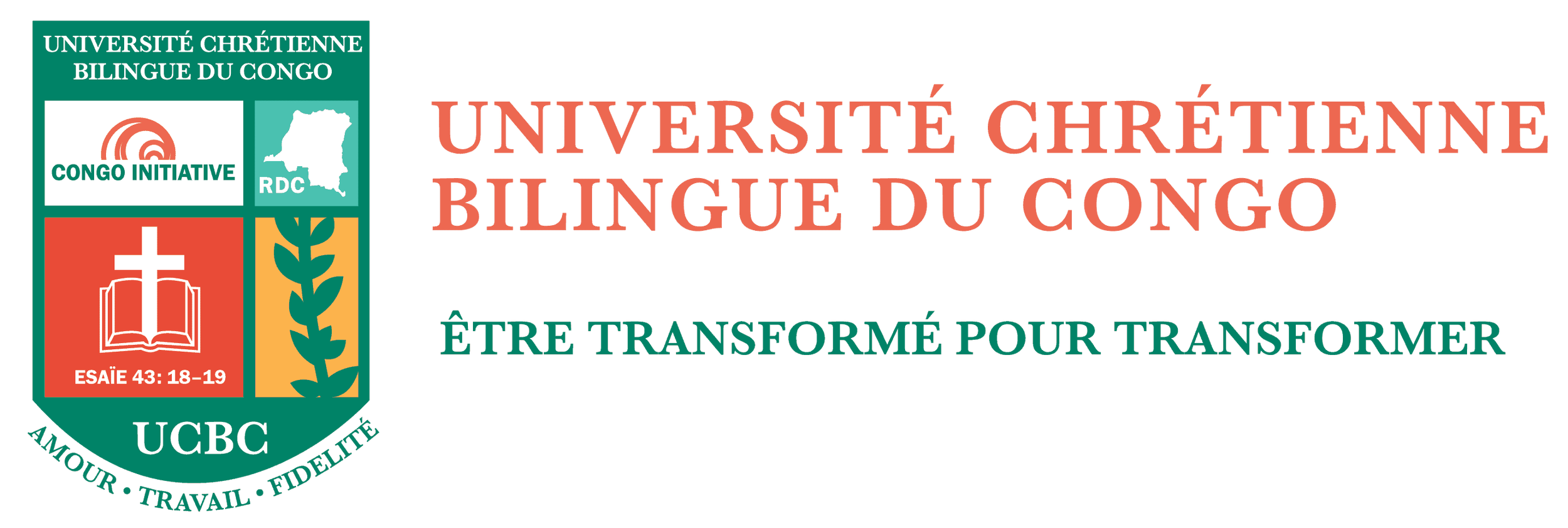 Logo of the Christian University of Congo bilingual in French and Kikongo, featuring a shield with symbols, a map of the Democratic Republic of the Congo, a cross with an open book, a plant, and a Bible verse reference, along with the university's motto 'Love, Work, Faithfulness'.