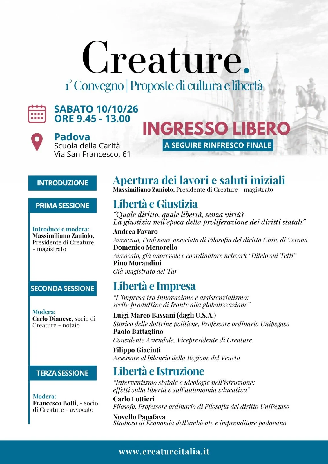 Creature: 1° Convegno “Proposte di Cultura e Libertà” - Padova, Sabato 10 ottobre ore 9.45, Scuola della Carità, via San Francesco 61