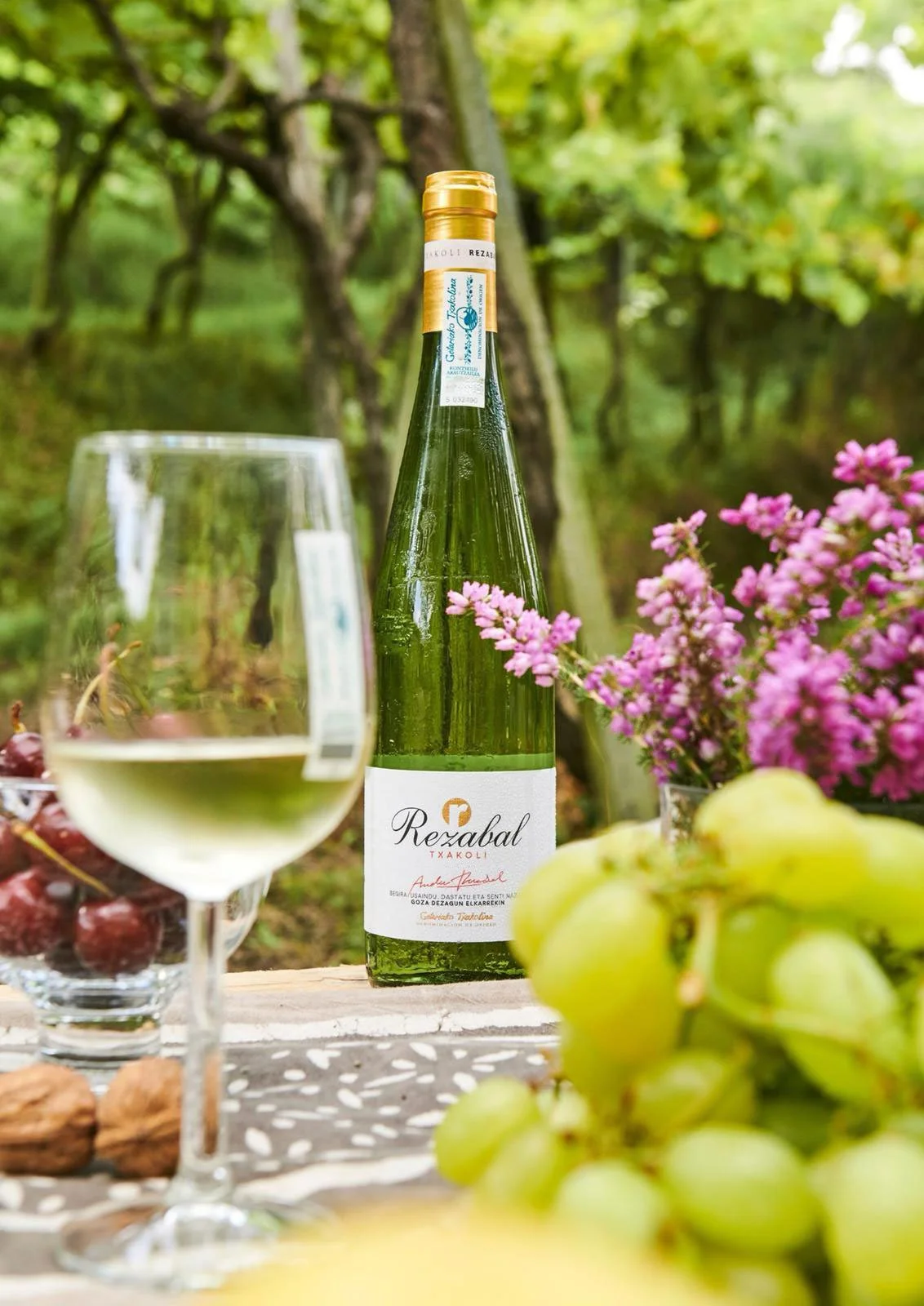 Txakoli Rezabal glass of wine and bottle
